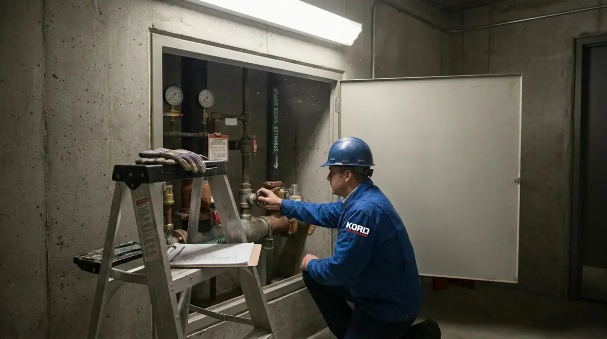 Technician reviewing fire suppression system maintenance in a commercial building