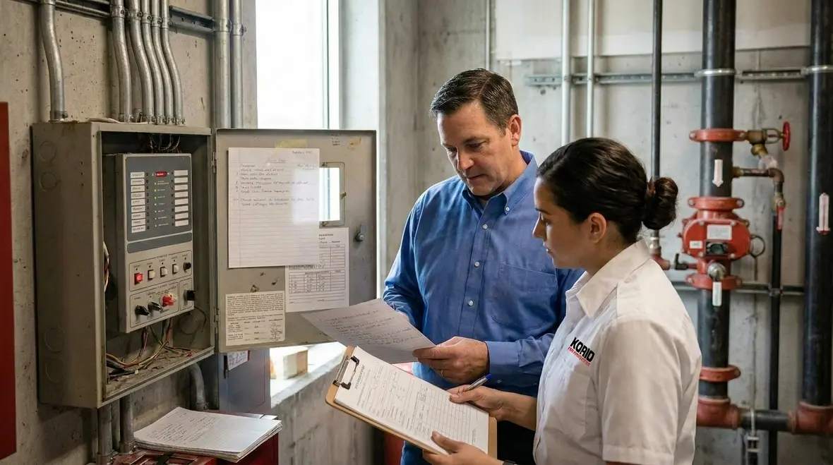 Building owner reviewing fire suppression inspection reports and maintenance records