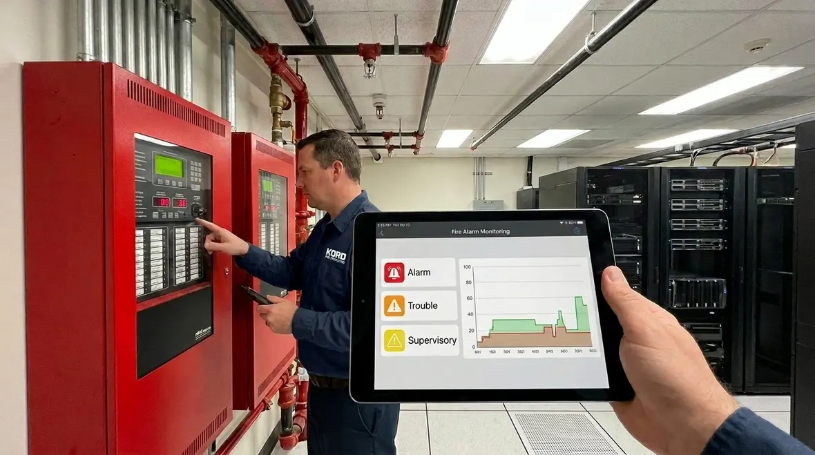 Fire alarm monitoring for fire suppression systems in a commercial facility