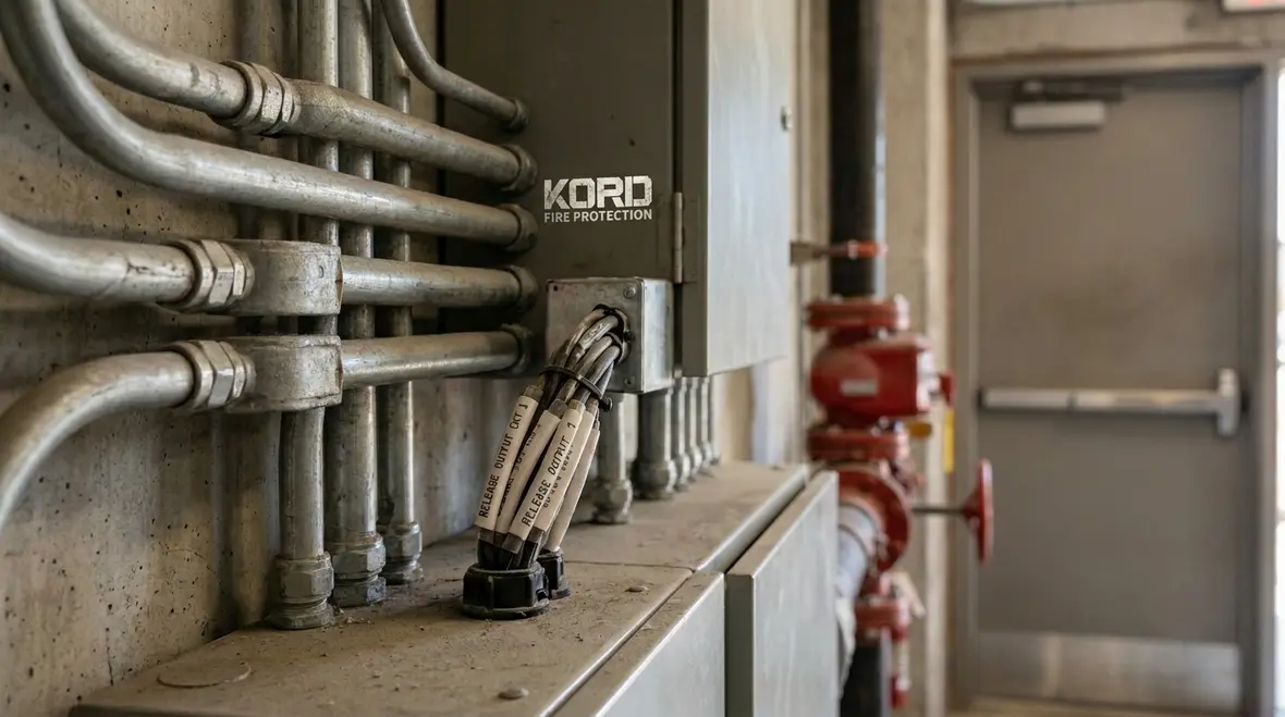 Technician reviewing a fire suppression releasing panel and detection circuits