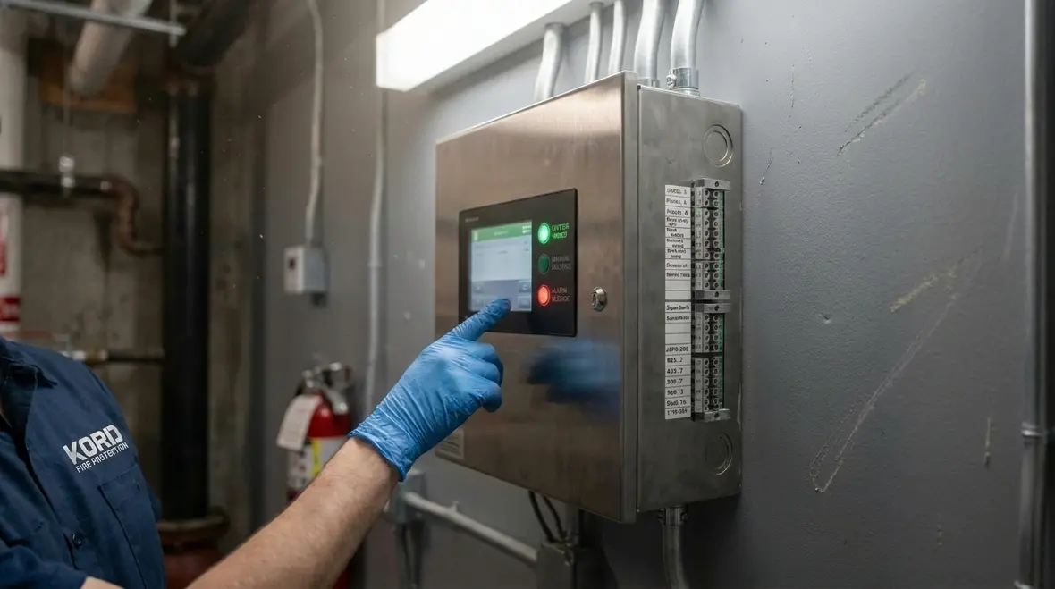 Fire suppression releasing panel mounted in a commercial facility