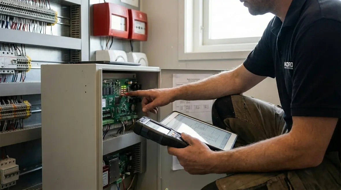 Technician evaluating whether a fire suppression system needs repair or replacement