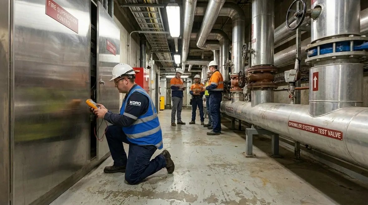 Industrial fire suppression system inspection around ducts beams and obstructions