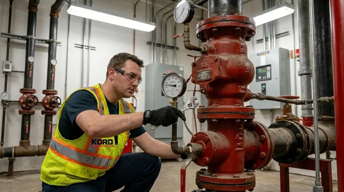 Technician reviewing fire suppression maintenance plan