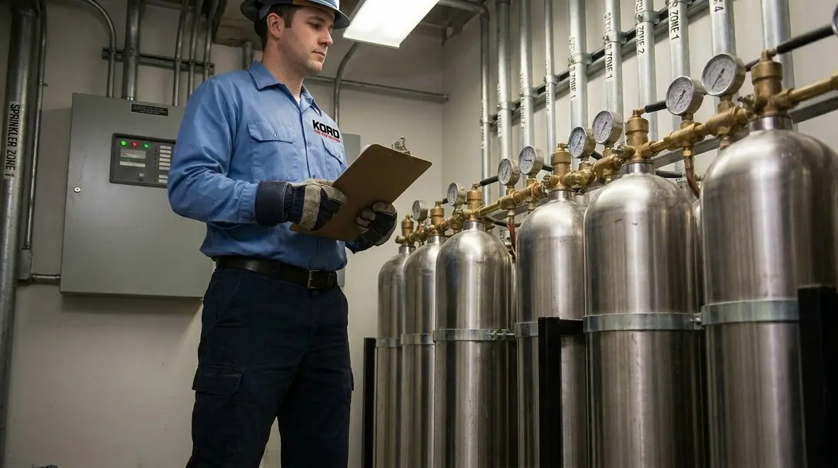 Technician restoring a fire suppression system after discharge