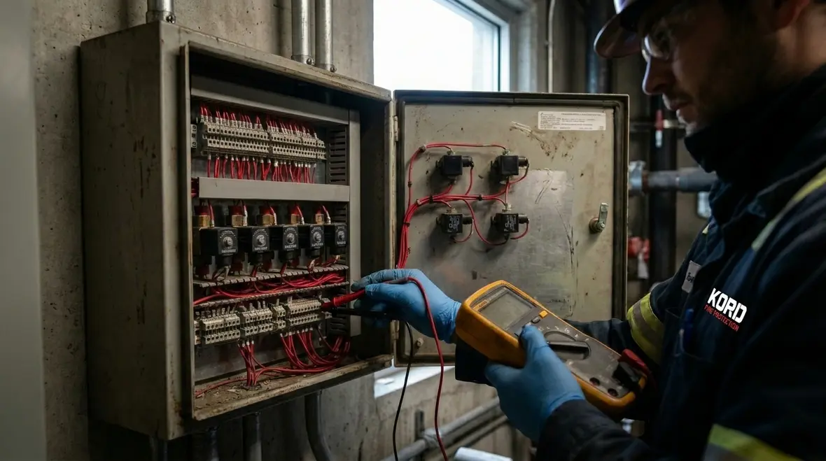 Technician performing fire suppression system solenoid testing