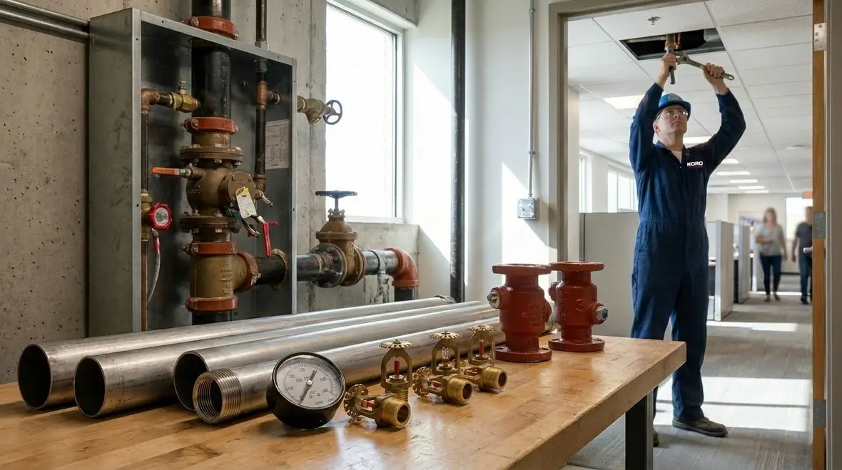 Technicians assessing hazards in an older building fire suppression system