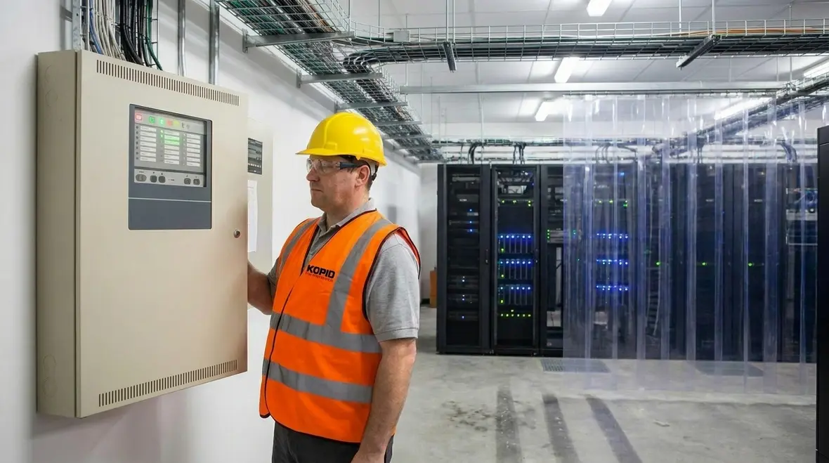 Data center server room with fire suppression considerations