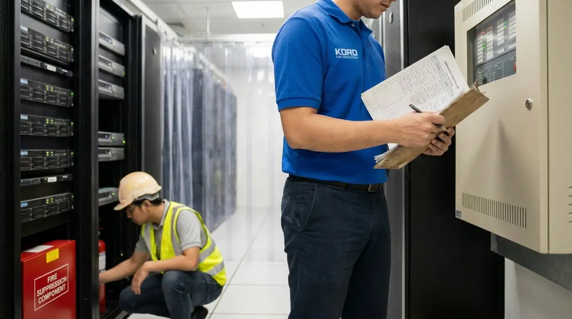 Technician reviewing data center fire protection compliance