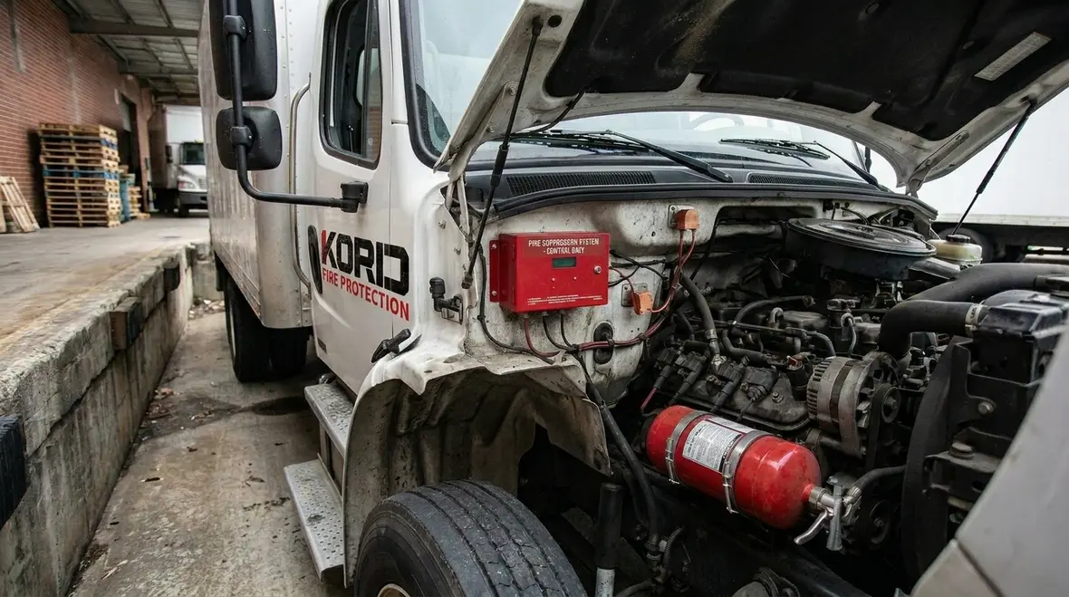 Fleet vehicle fire suppression protecting engine and battery compartments