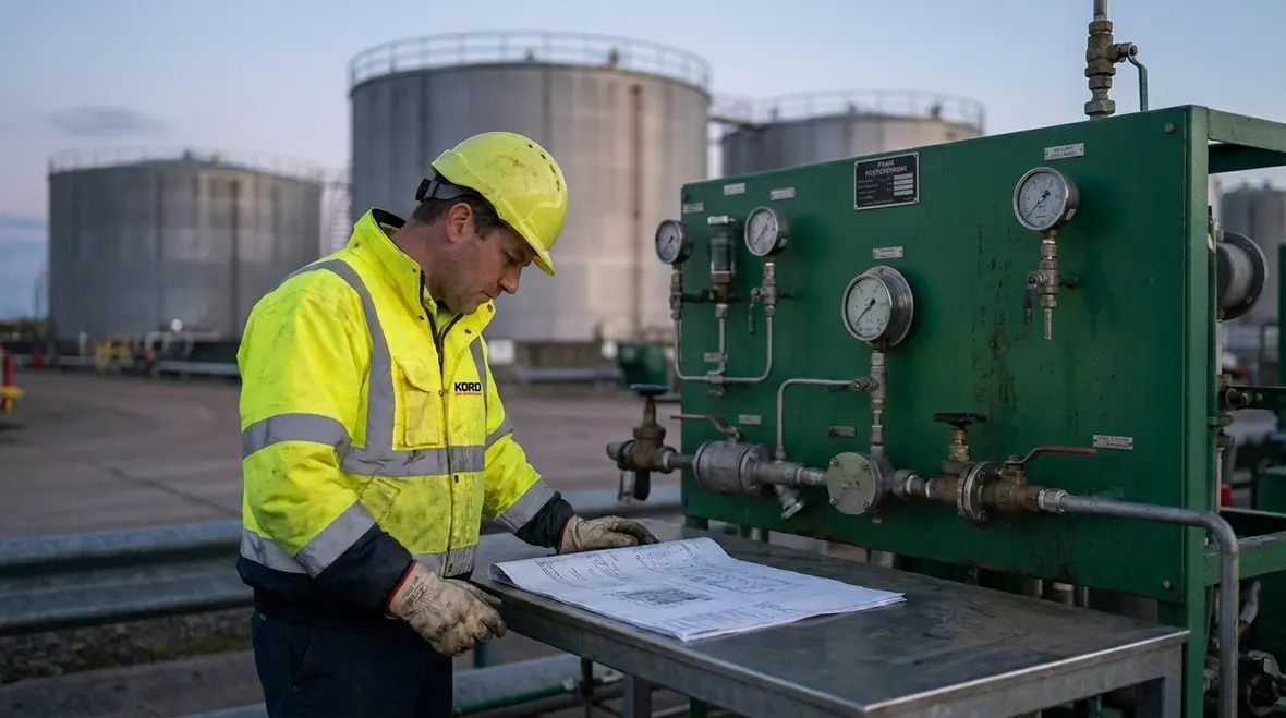Fluorine free foam system discharge setup in an industrial facility