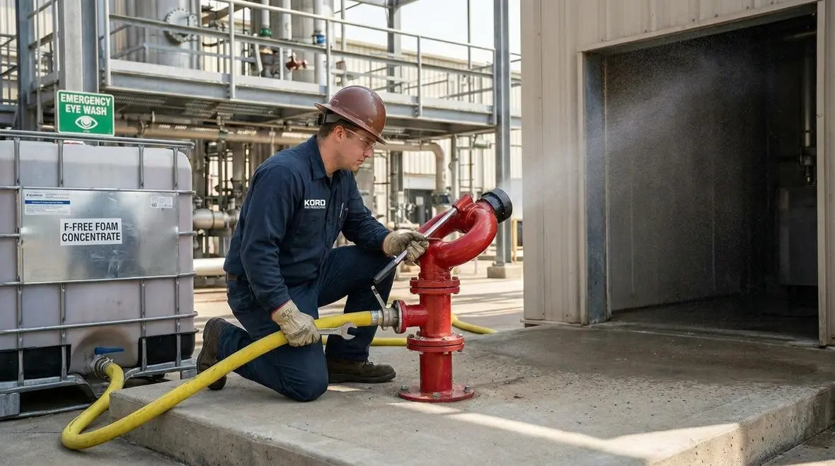 Foam proportioning and discharge components for fluorine free suppression