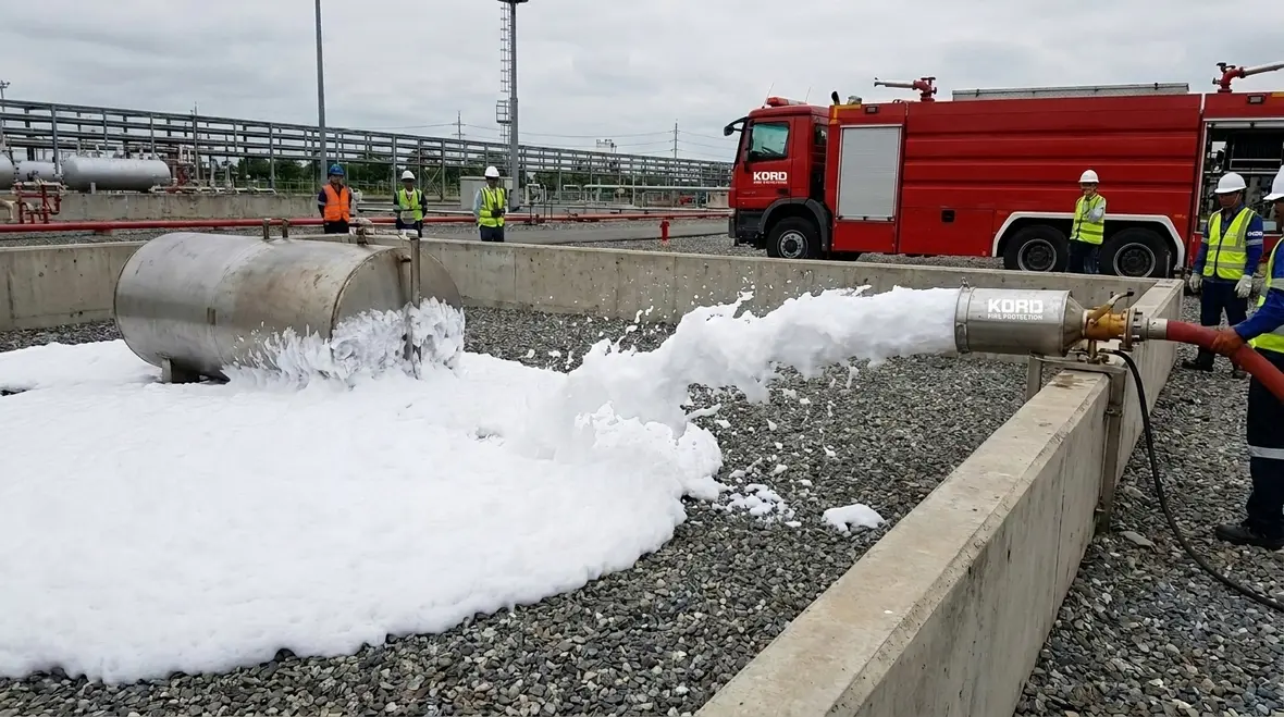 Fluorine free foam fire suppression system protecting an industrial hazard area