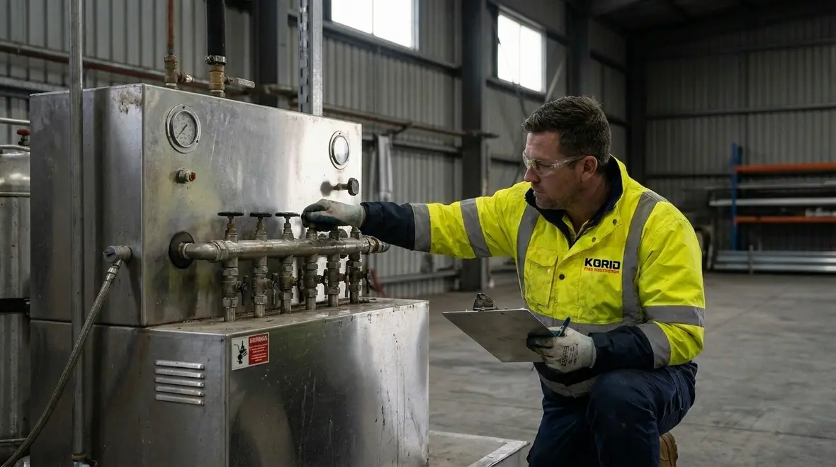 Foam fire suppression inspection technician checking system hardware