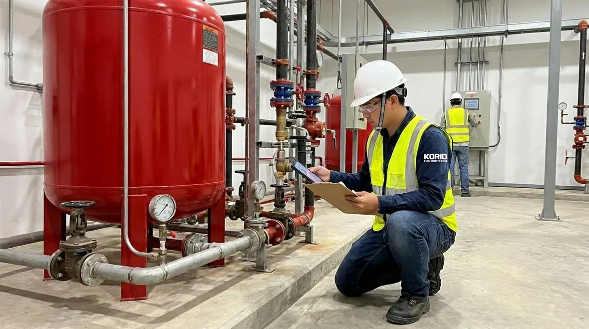 Foam fire suppression inspection service technician reviewing system components