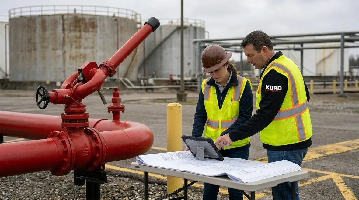 Industrial foam fire suppression system protecting tanks and process equipment