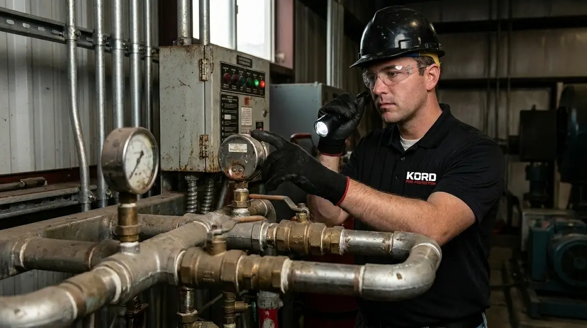 Technician performing foam fire suppression maintenance inspection on system components