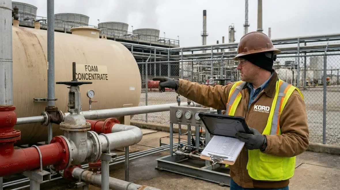 Foam pump and proportioning equipment being inspected for deficiencies