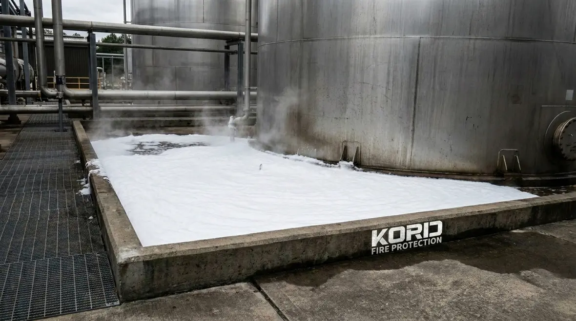 Foam suppression system discharging over a fire hazard area
