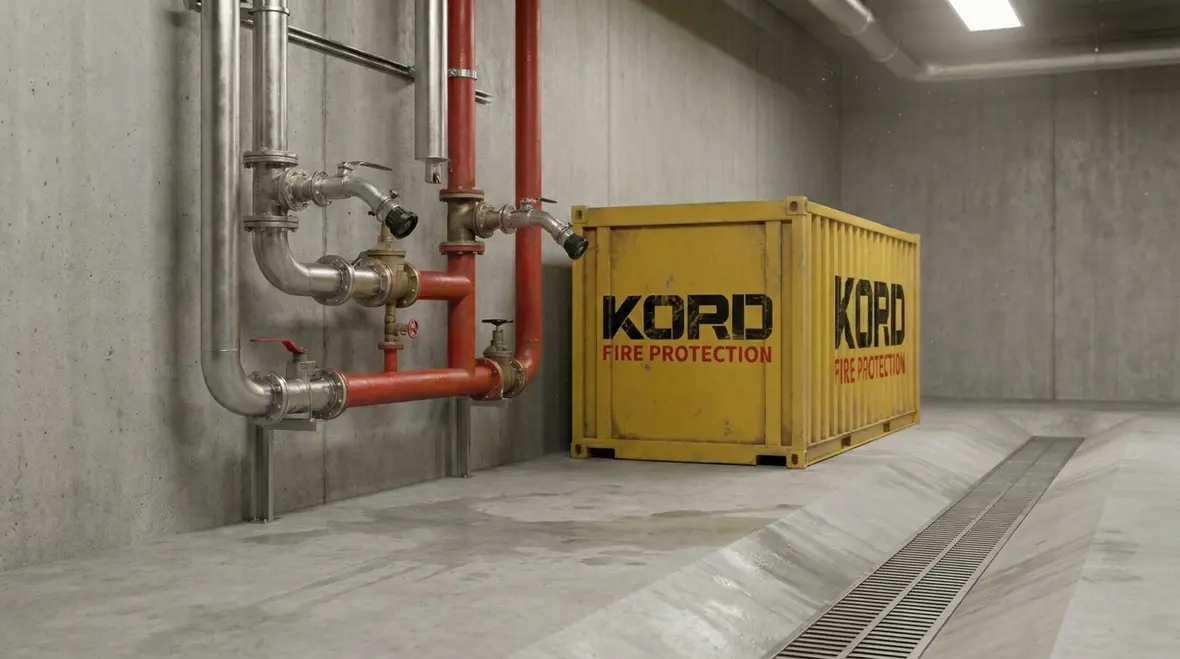 Foam fire suppression discharge protecting a flammable liquid hazard area
