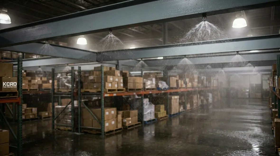 Water sprinkler system piping and heads inside a commercial facility