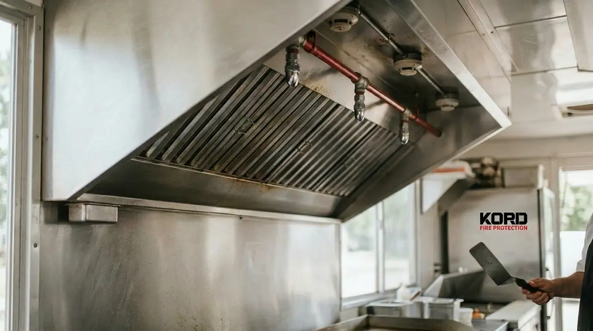 Food truck kitchen hood suppression system over cooking equipment