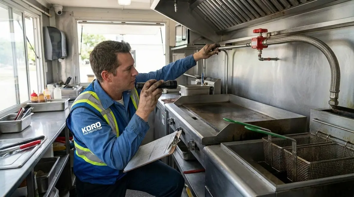 Technician checking food truck fire suppression nozzles and hood coverage