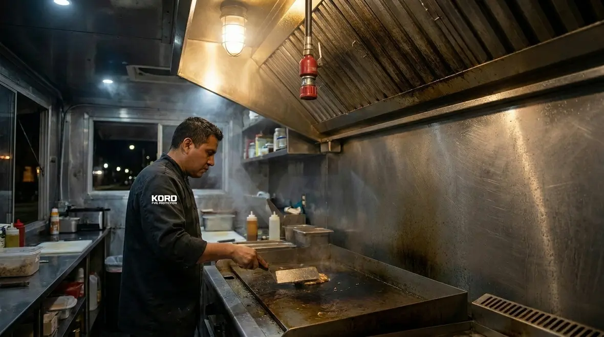 Food truck kitchen hood fire suppression equipment over cooking line