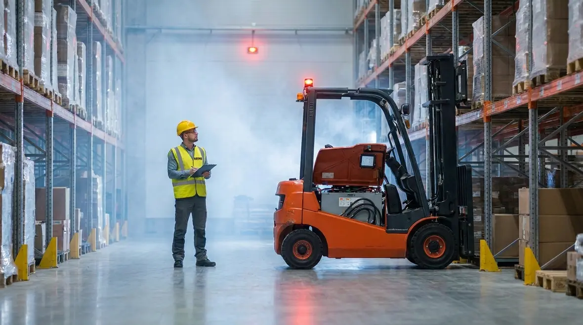 Forklift fire suppression system installed on a warehouse vehicle