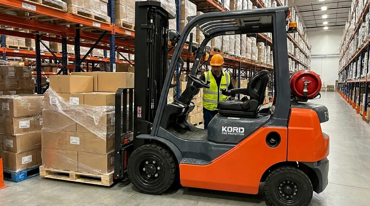 Forklift fire suppression system protecting warehouse vehicle safety
