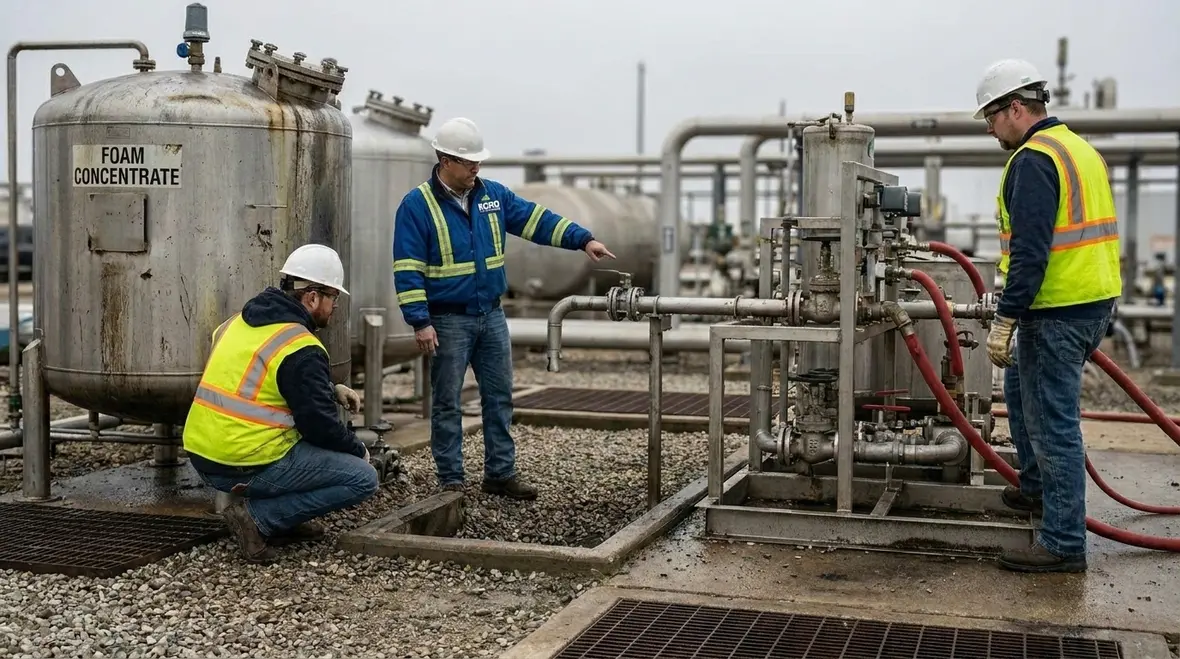 Technician inspecting foam fire suppression equipment in fuel storage area