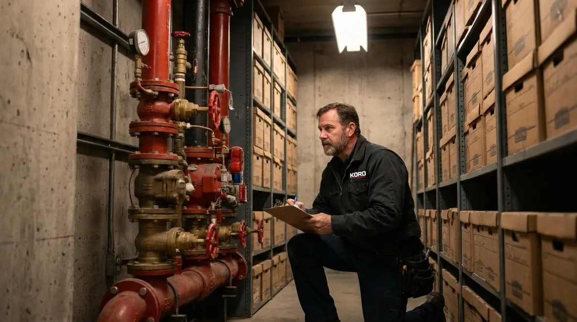 Technician testing government building sprinkler and alarm coordination