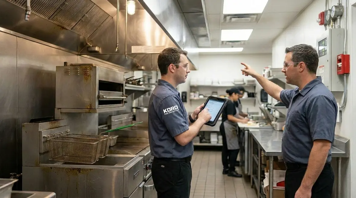 Technician servicing a grease fire suppression system in a restaurant kitchen