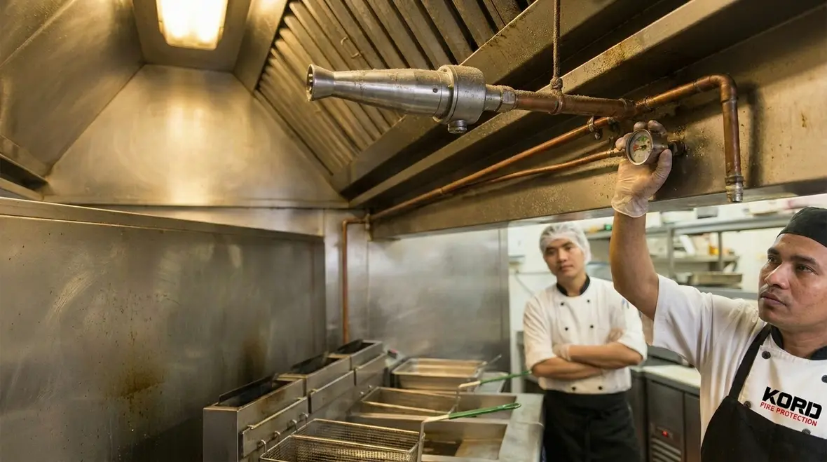 Commercial kitchen hood suppression components above fryers and grills
