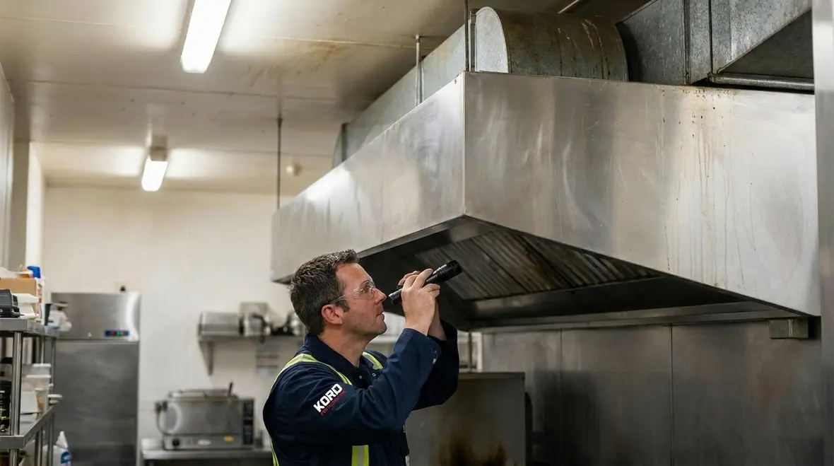 Grease fire suppression nozzles installed above commercial kitchen equipment