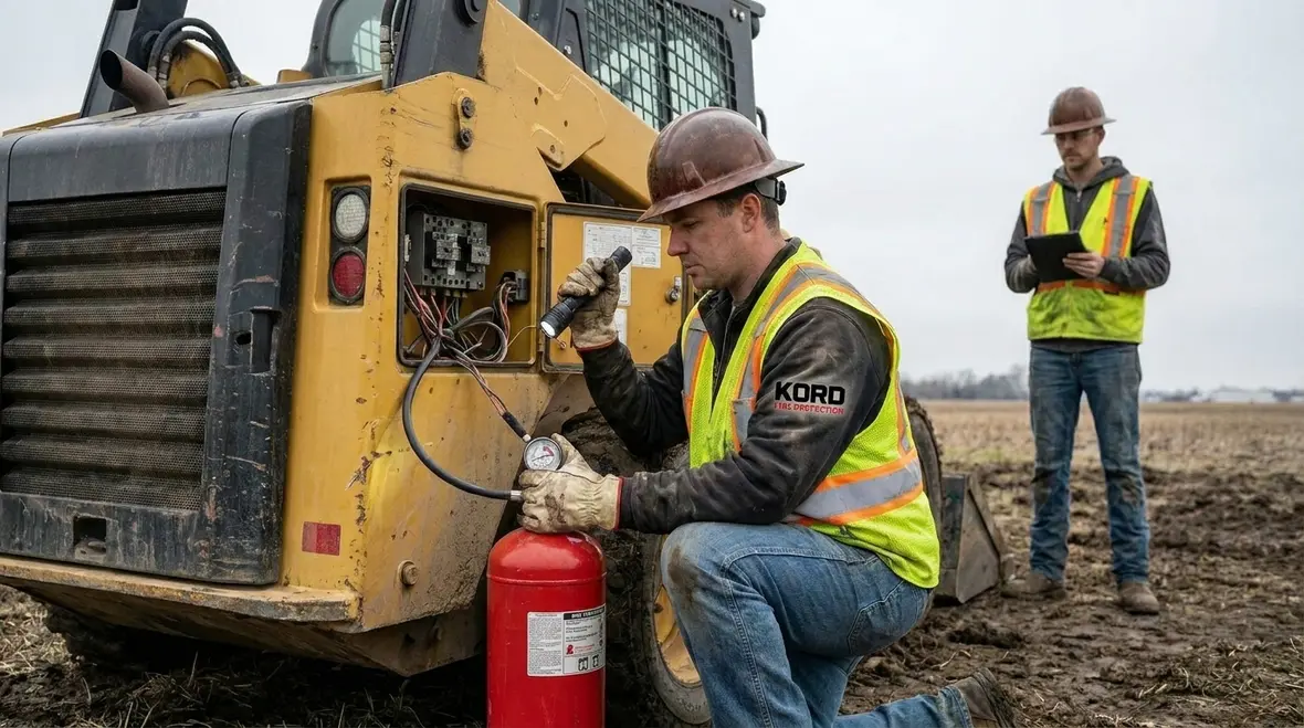 Technician inspecting heavy equipment fire suppression system during maintenance