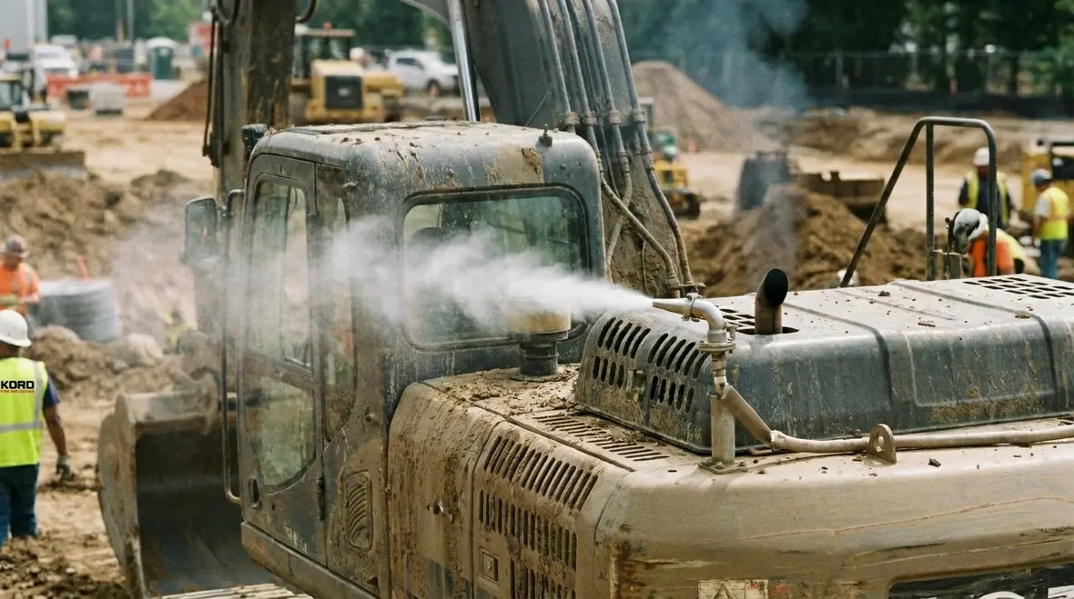 Heavy equipment vehicle fire suppression system components on a construction machine