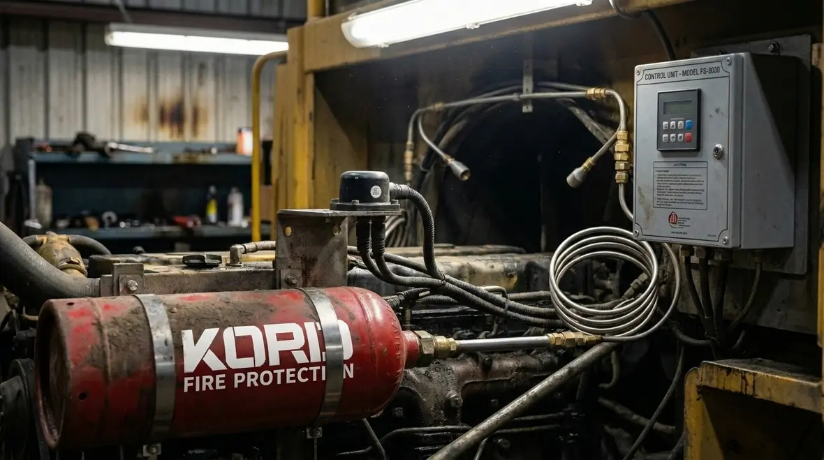 Installed vehicle fire suppression nozzles and detection lines on heavy equipment