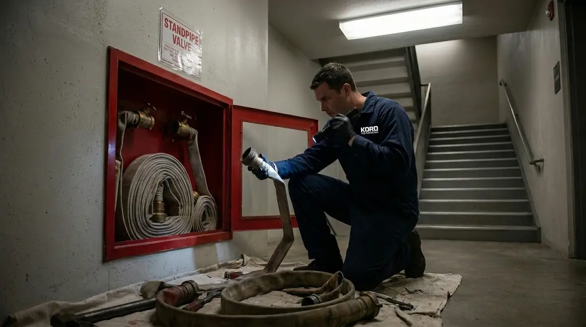Clearly marked standpipe cabinet and hose connection on an upper floor