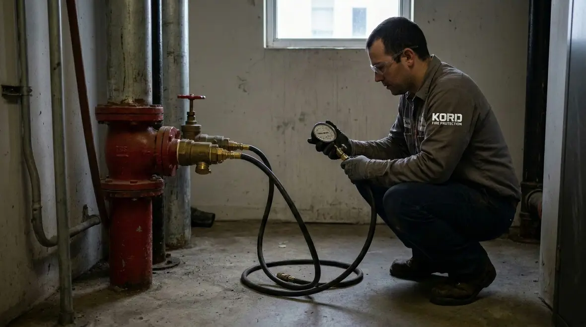 Technician inspecting a standpipe cabinet and valve access point