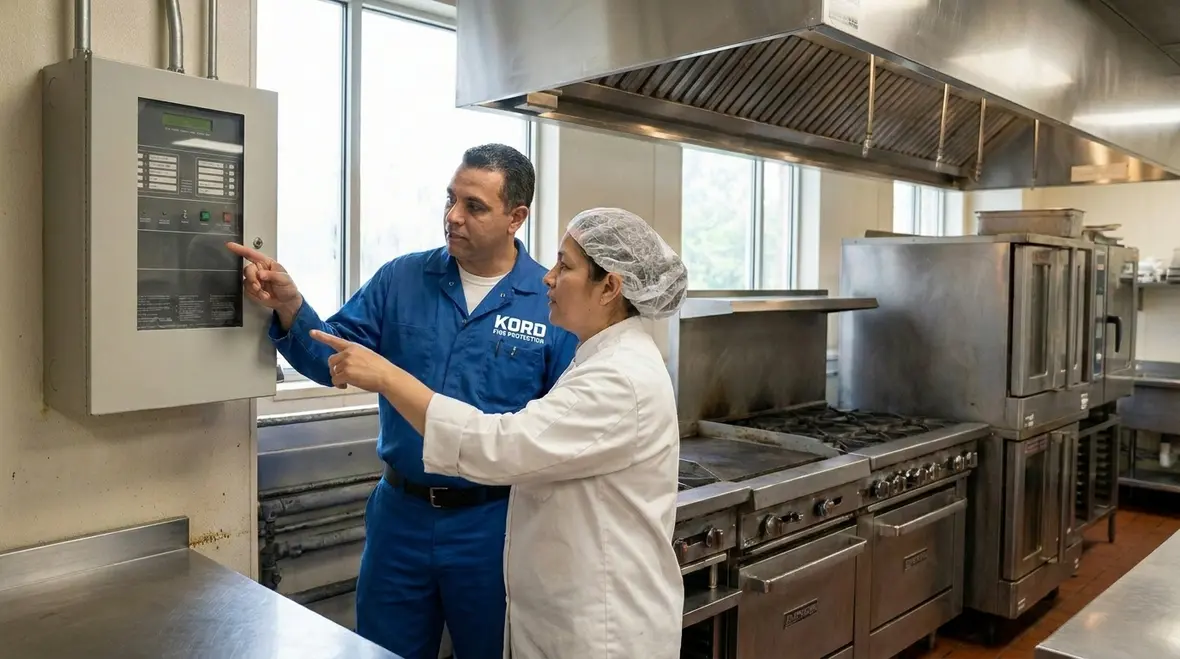 Hospital kitchen suppression nozzles above a commercial cook line