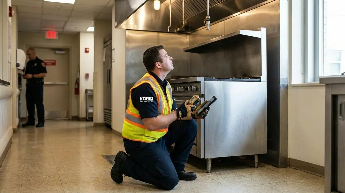Technician inspecting hospital kitchen fire suppression system components