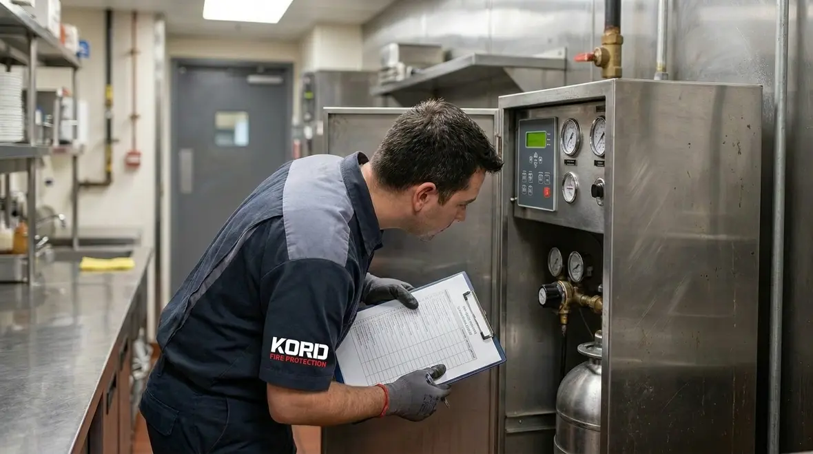 Technician inspecting hotel kitchen hood fire suppression components