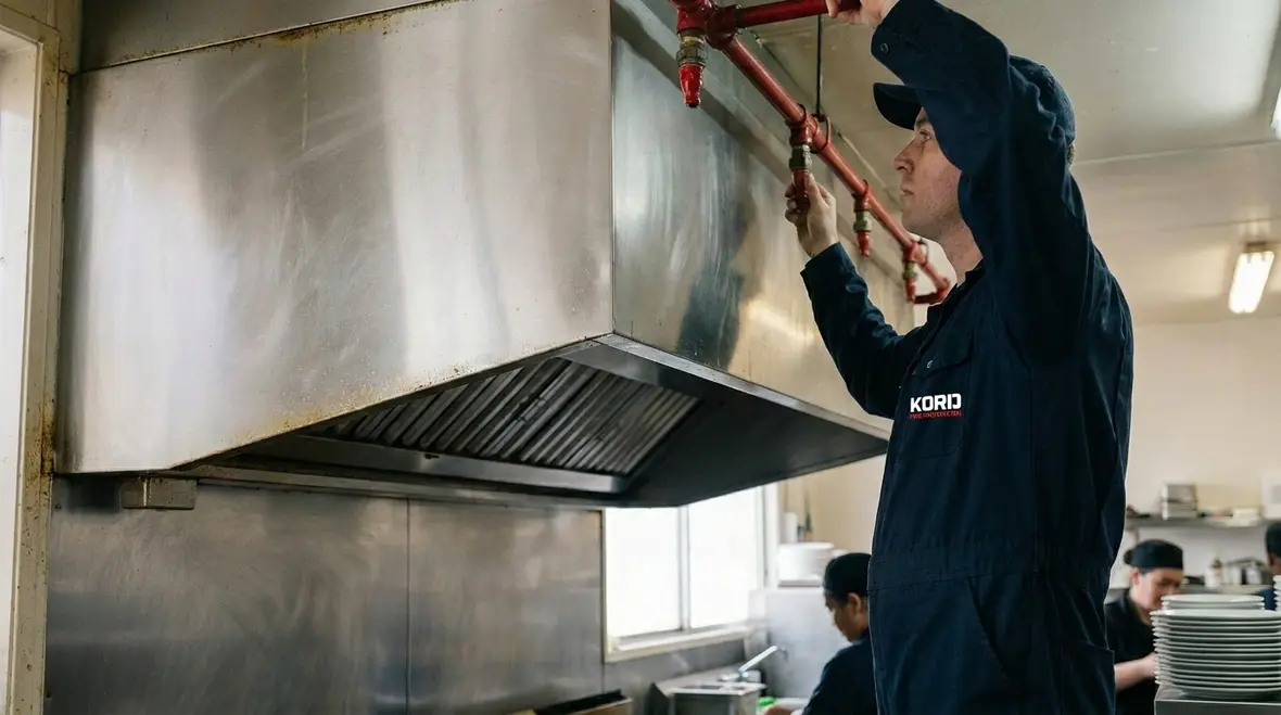 Hotel kitchen fire suppression system installed above commercial cooking equipment