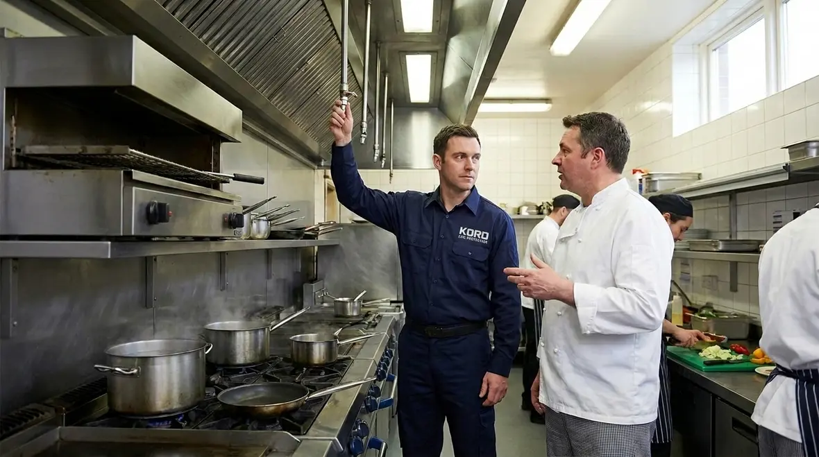 Hotel kitchen fire suppression system protecting a busy commercial cooking line
