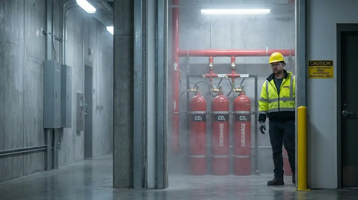 CO2 discharge nozzles installed in a protected industrial enclosure