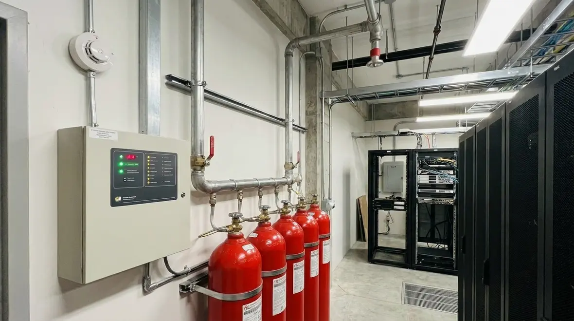 CO2 fire suppression system cylinders and discharge piping in an industrial facility