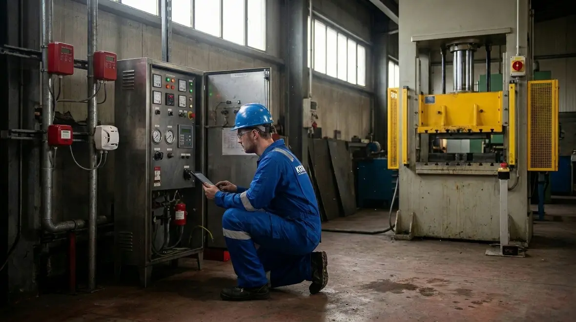 Hydraulic power unit with mounted fire suppression system and service access