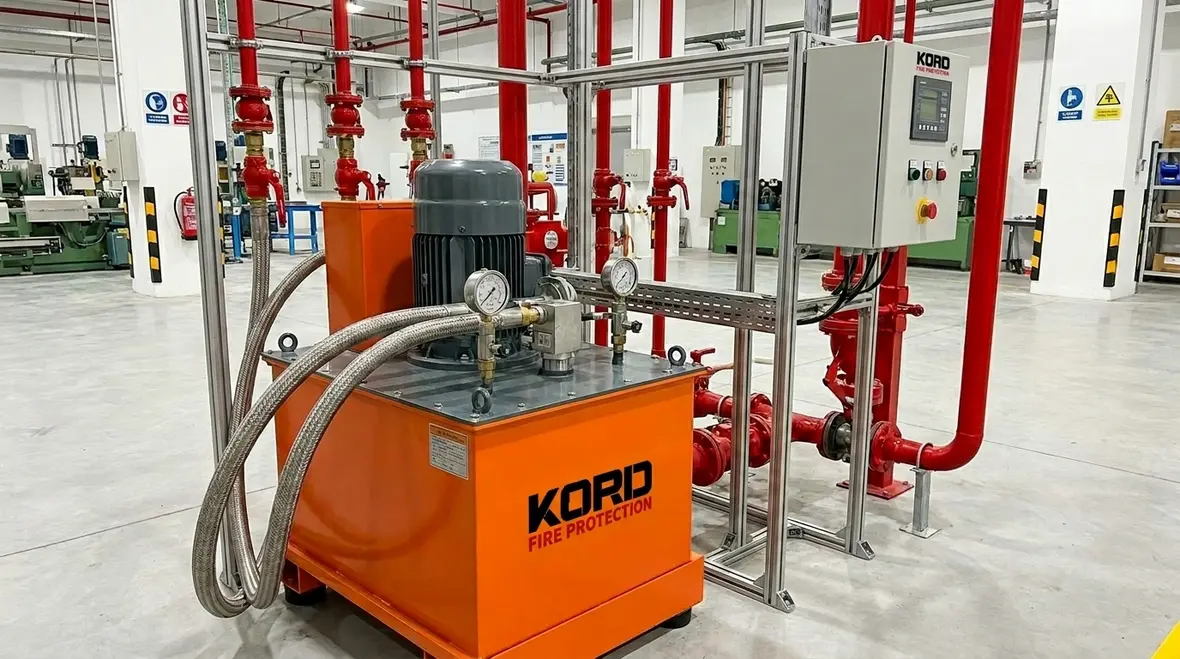 Hydraulic equipment fire suppression system protecting industrial machinery