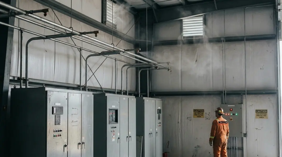 Industrial CO2 fire suppression cylinders and discharge equipment in a hazard zone
